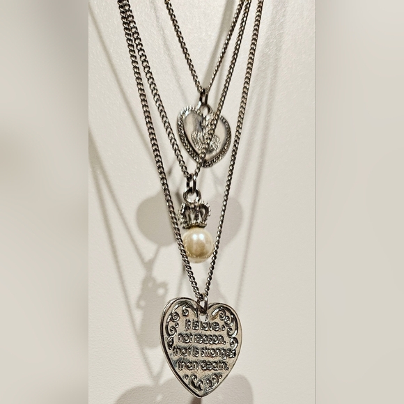 Juicy Couture Love Stronger Than Death Necklace Heart Crown Pearl 3 Layers Tiers - Picture 1 of 16